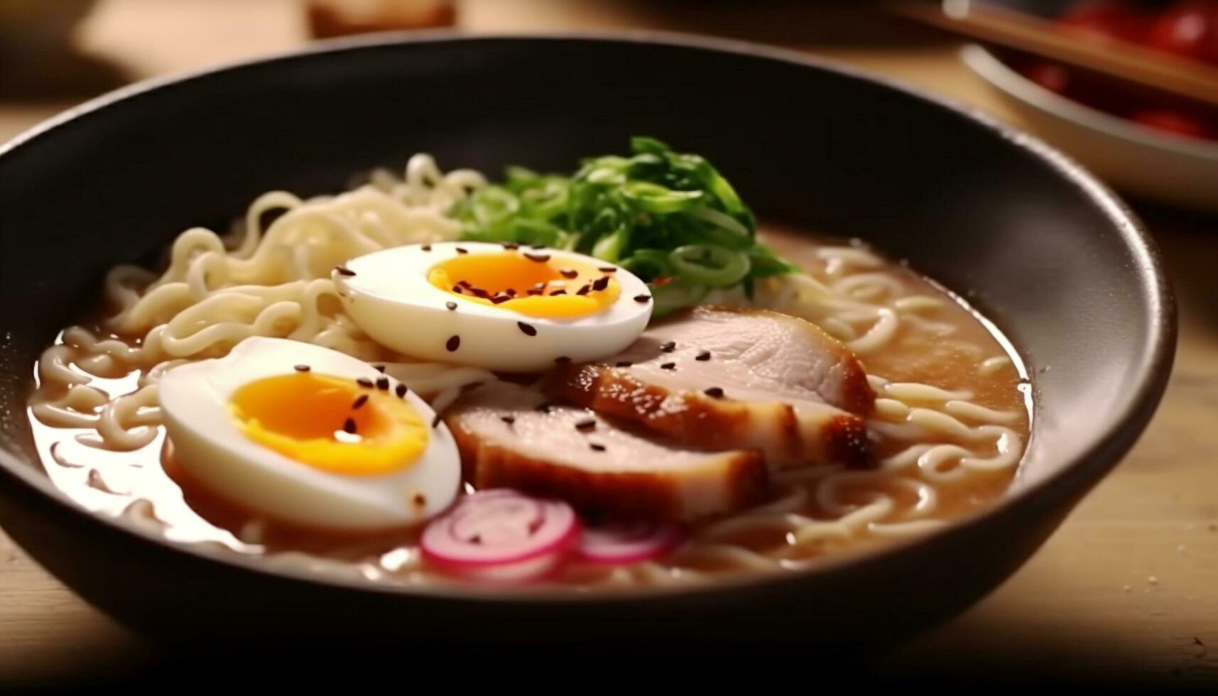 fijnproever varkensvlees maaltijd, gekookt ramen noedels, gezond Japans cultuur, vers groente soep gegenereerd door ai foto