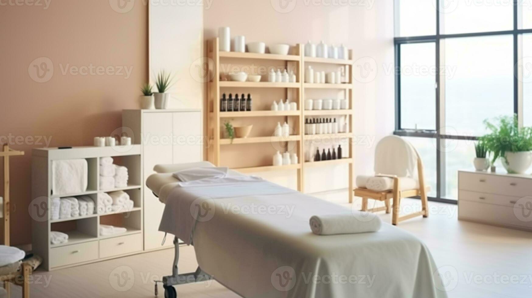 interieur van nieuw schoonheid salon met spa massage tafel en reeks van huidsverzorging producten klaar voor gebruiken. schoonheid en lichaam zorg. generatief ai foto