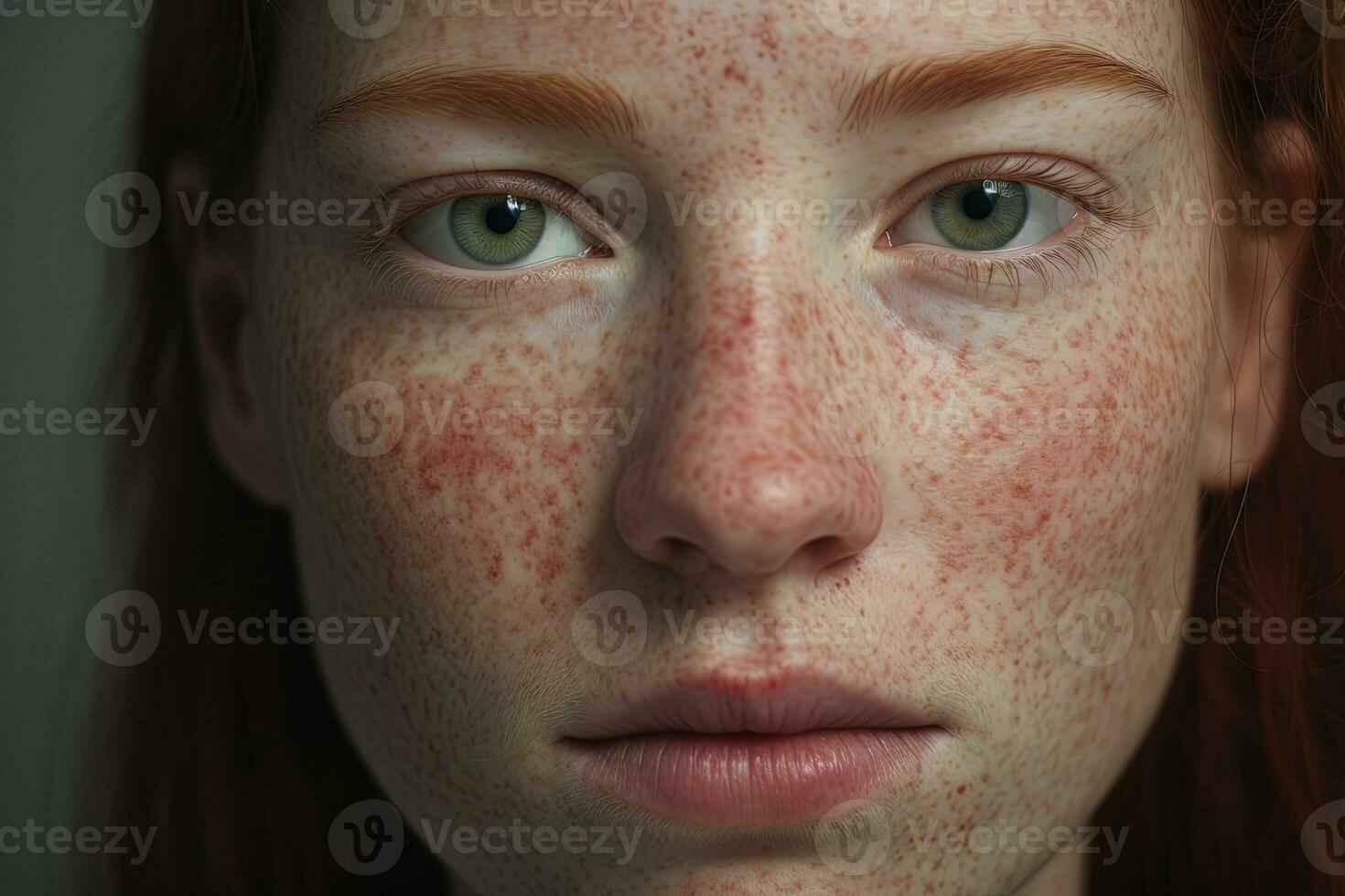 een dichtbij omhoog van een vrouw met sproeten, rosacea coupérose roodheid huid ai gegenereerd foto