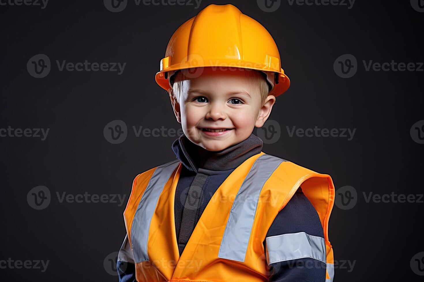 portret van een schattig weinig jongen in een bouw helm ai gegenereerd foto