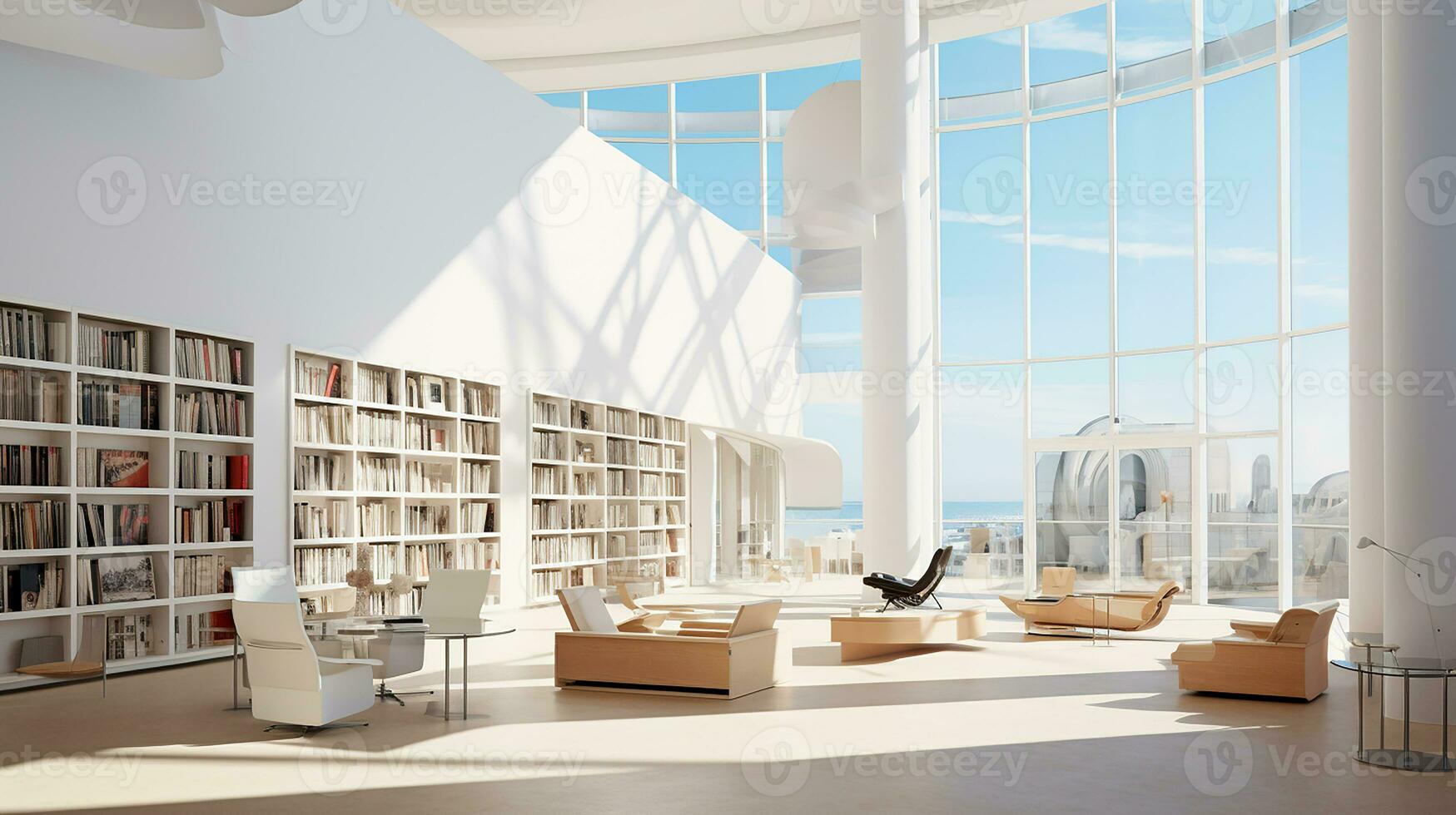 interieur van modern bibliotheek met wit muren, houten vloer, rijen van boekenkasten en boekenkasten. 3d weergave. generatief ai foto