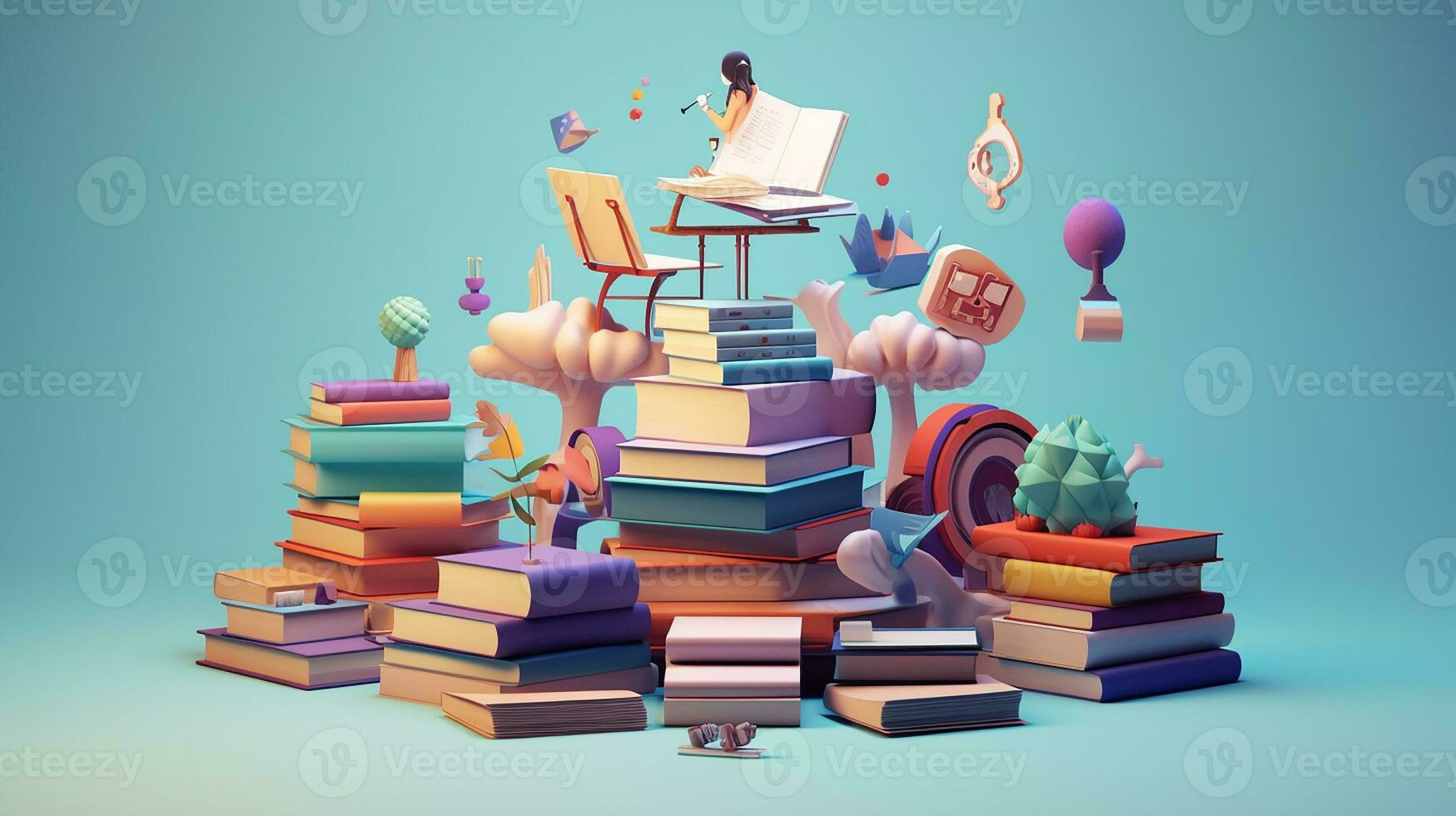 3d illustratie van onderwijs concept, stack van boeken met uitroep markering. generatief ai foto