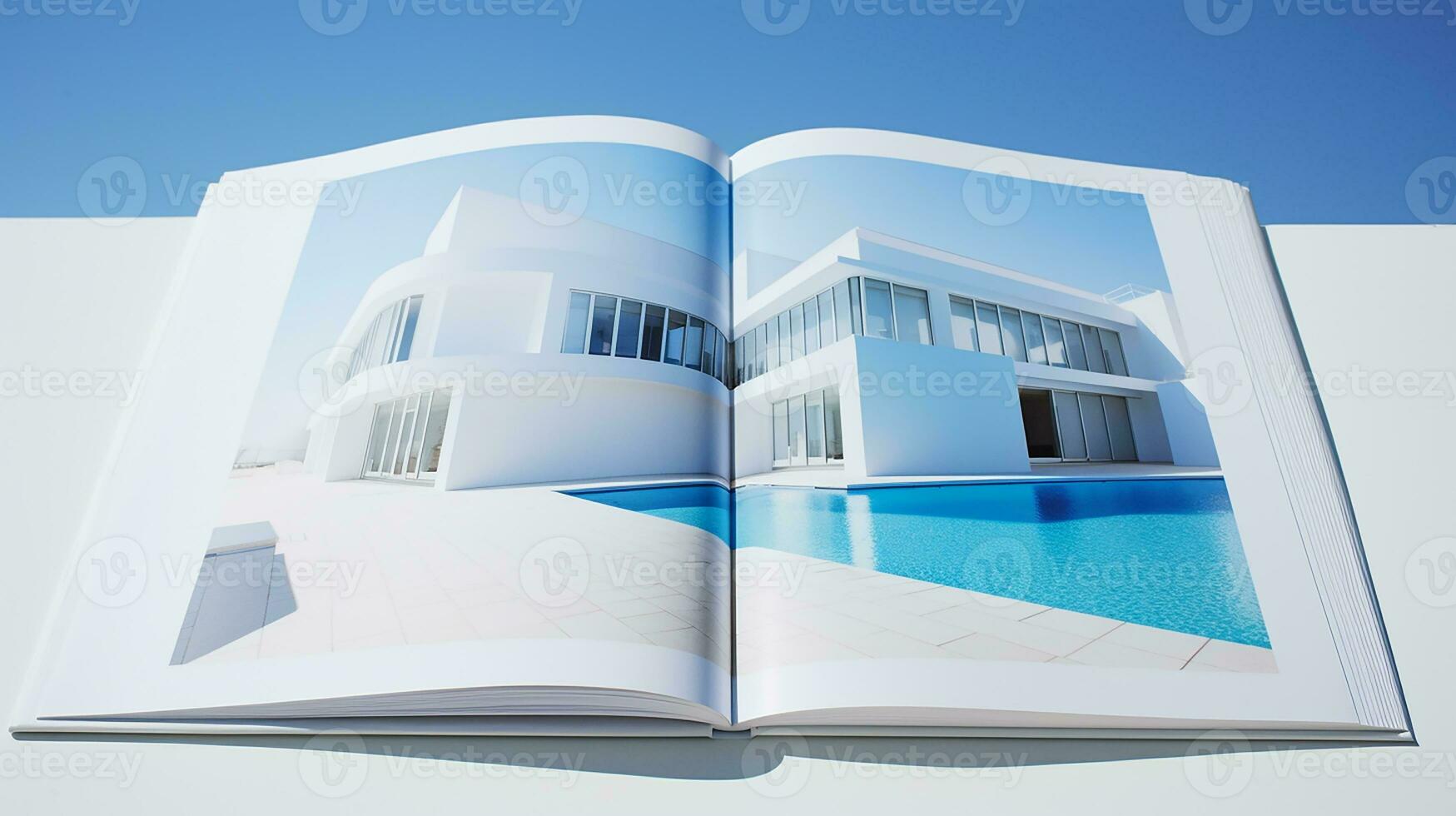 Open tijdschrift met modern en minimalistische gebouw en blauw lucht. 3d weergave. foto