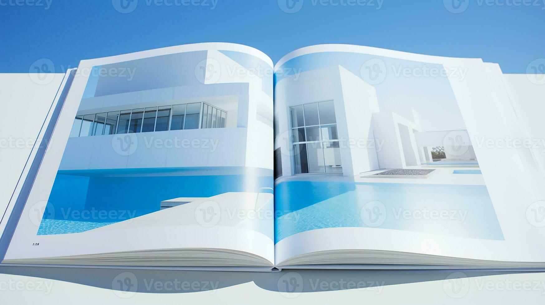 Open tijdschrift met modern en minimalistische gebouw en blauw lucht. 3d weergave. foto