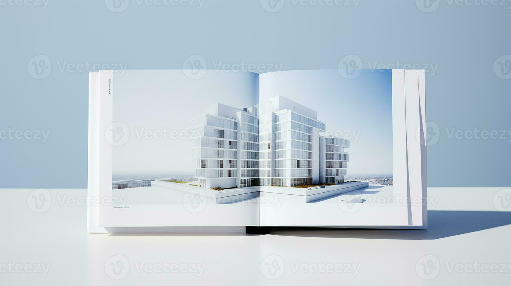 Open tijdschrift met modern en minimalistische gebouw en blauw lucht. 3d weergave. foto