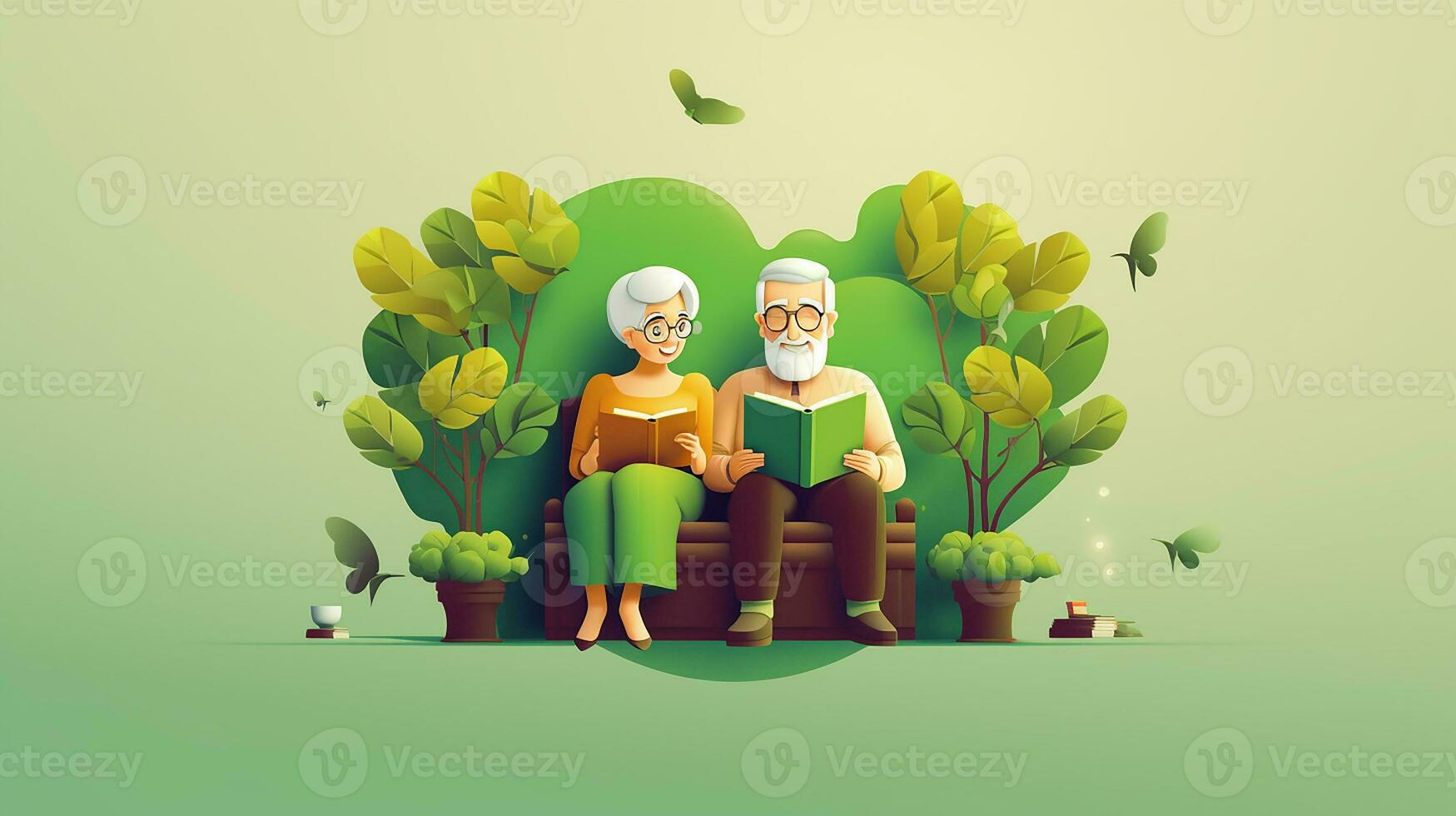 ouderen paar lezing een boek voor genieten de stroom moment. vlak ontwerp vector illustratie. generatief ai foto
