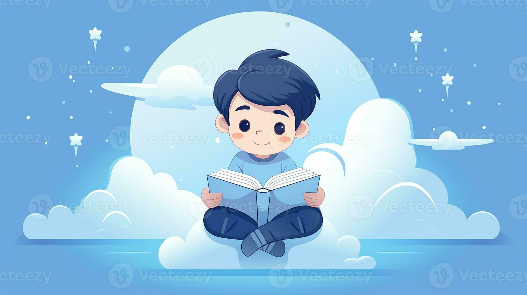 schattig weinig jongen lezing een boek. vector illustratie. generatief ai foto