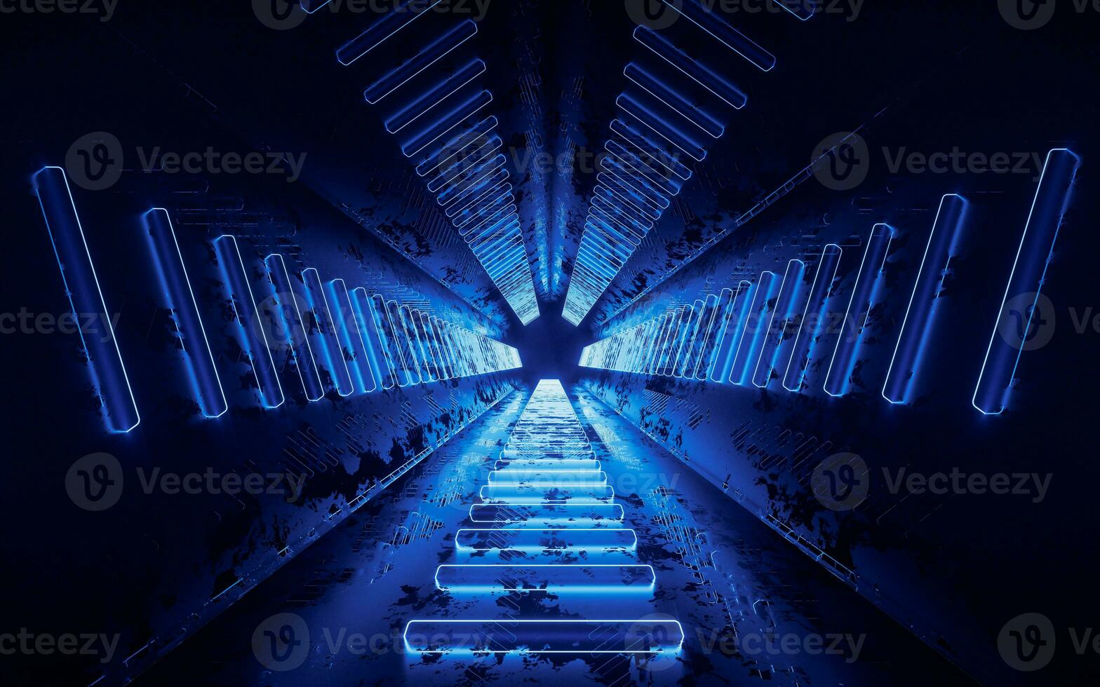 donker tunnel met gloeiend neon lijnen, 3d weergave. foto