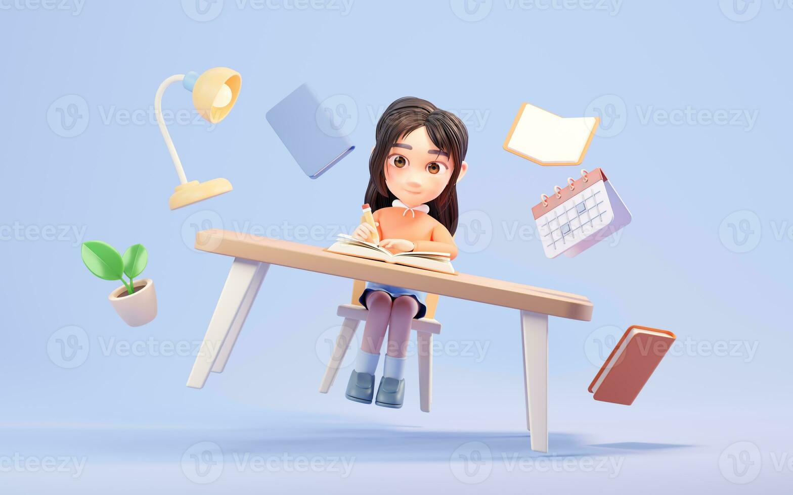 weinig meisje studie moeilijk, aan het leren Bij bureau, 3d weergave. foto