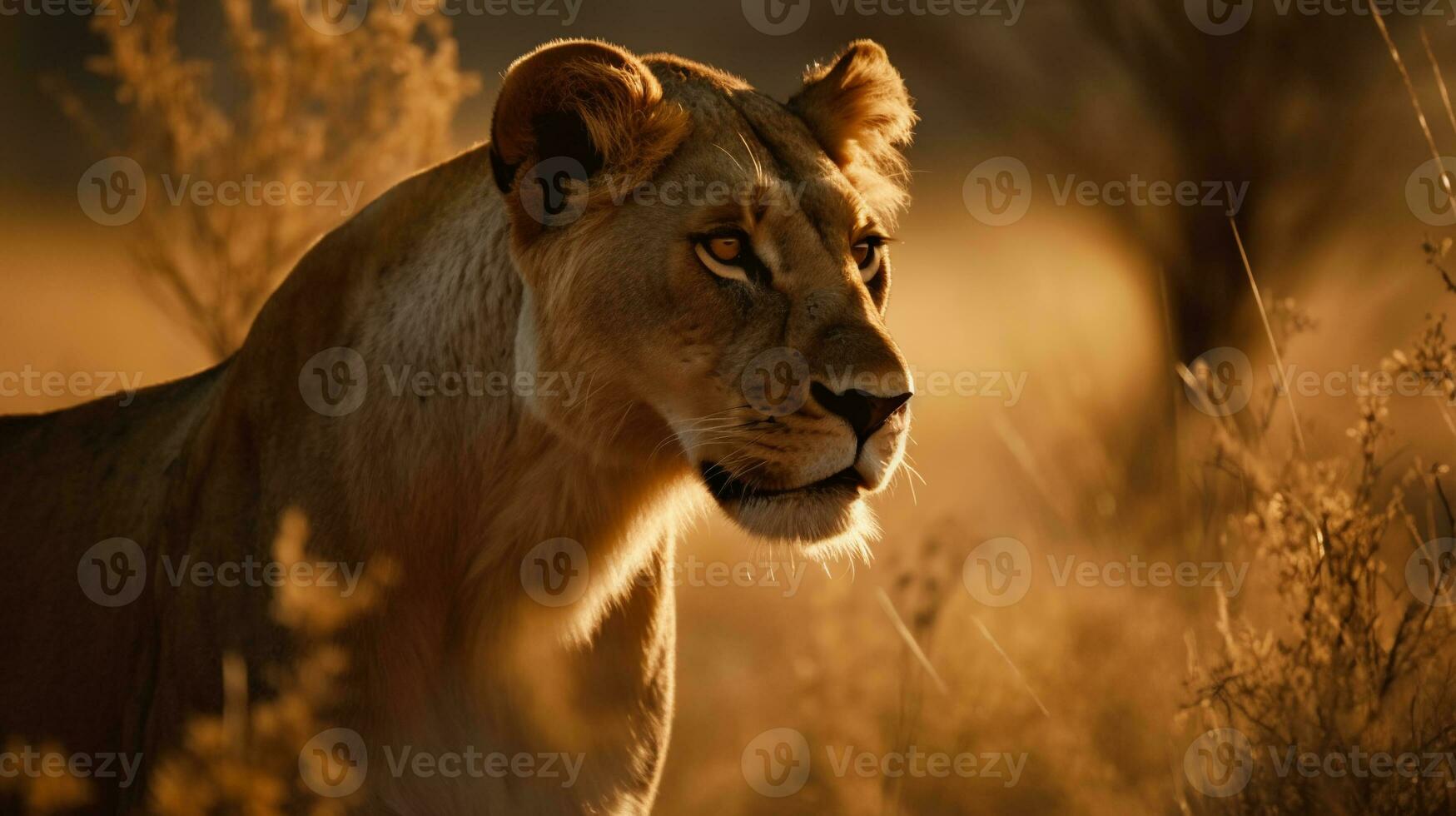 leeuwin Aan de achtergrond van de Afrikaanse savanne, heet dag, dieren van Afrika. ai generatief foto