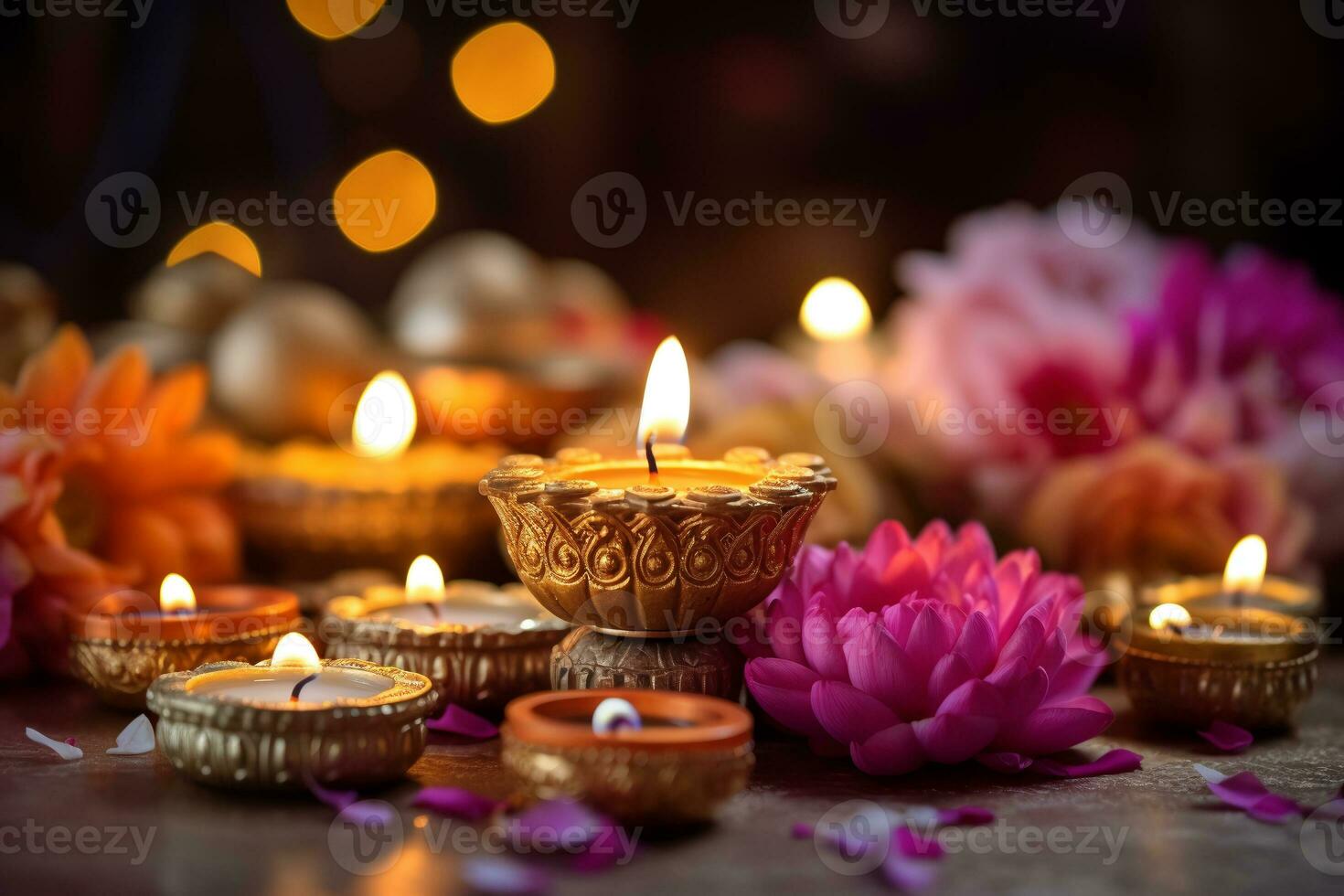 diya lampen zijn lit gedurende de viering van diwali met bloemen in de achtergrond. ai generatief foto