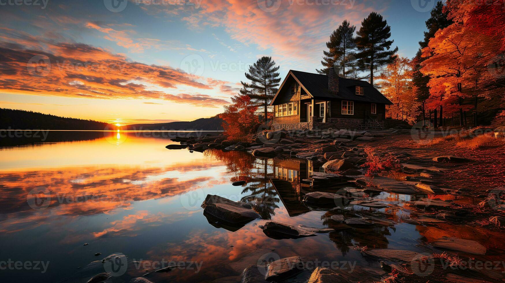 knus houten huis Aan de kust van de meer tegen de backdrop van een herfst landschap.zonsondergang. ai generatief foto