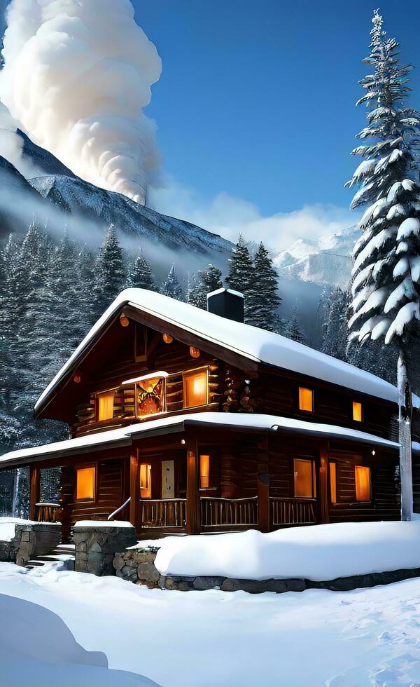 een knus cabine genesteld in de bergen, rook stijgende lijn, omringd door een winter wonderland foto