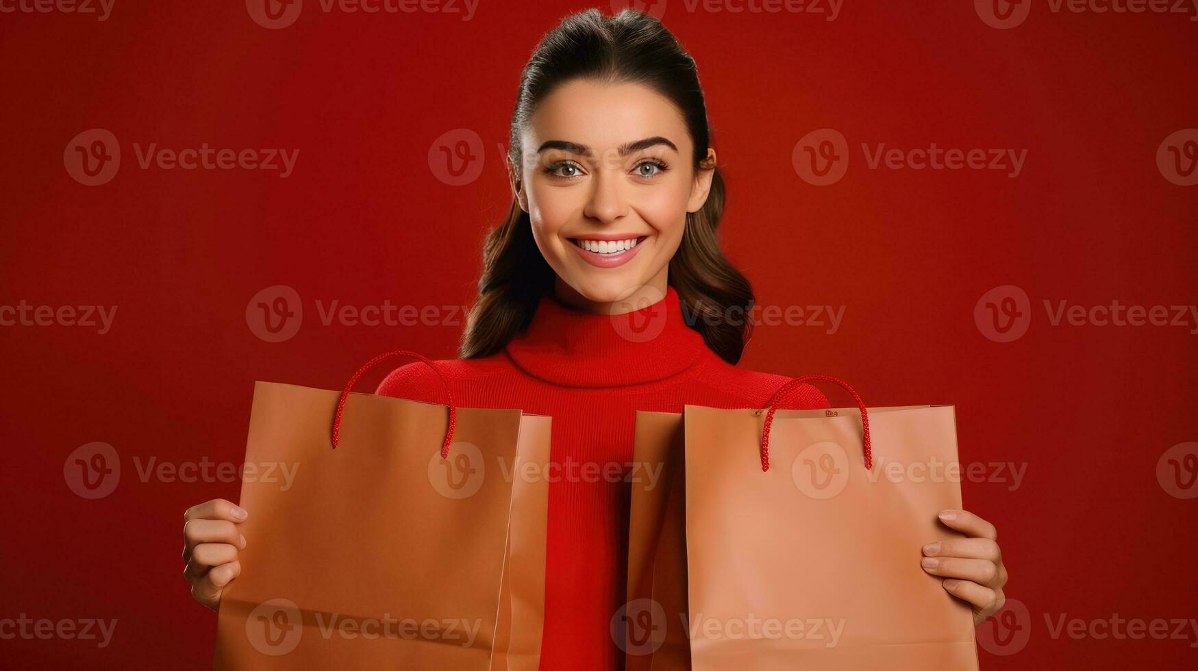 aantrekkelijk brunette meisje met twee ambacht Tassen voor boodschappen doen Aan een rood duidelijk achtergrond. winkelen, verkoop. ai gegenereerd foto