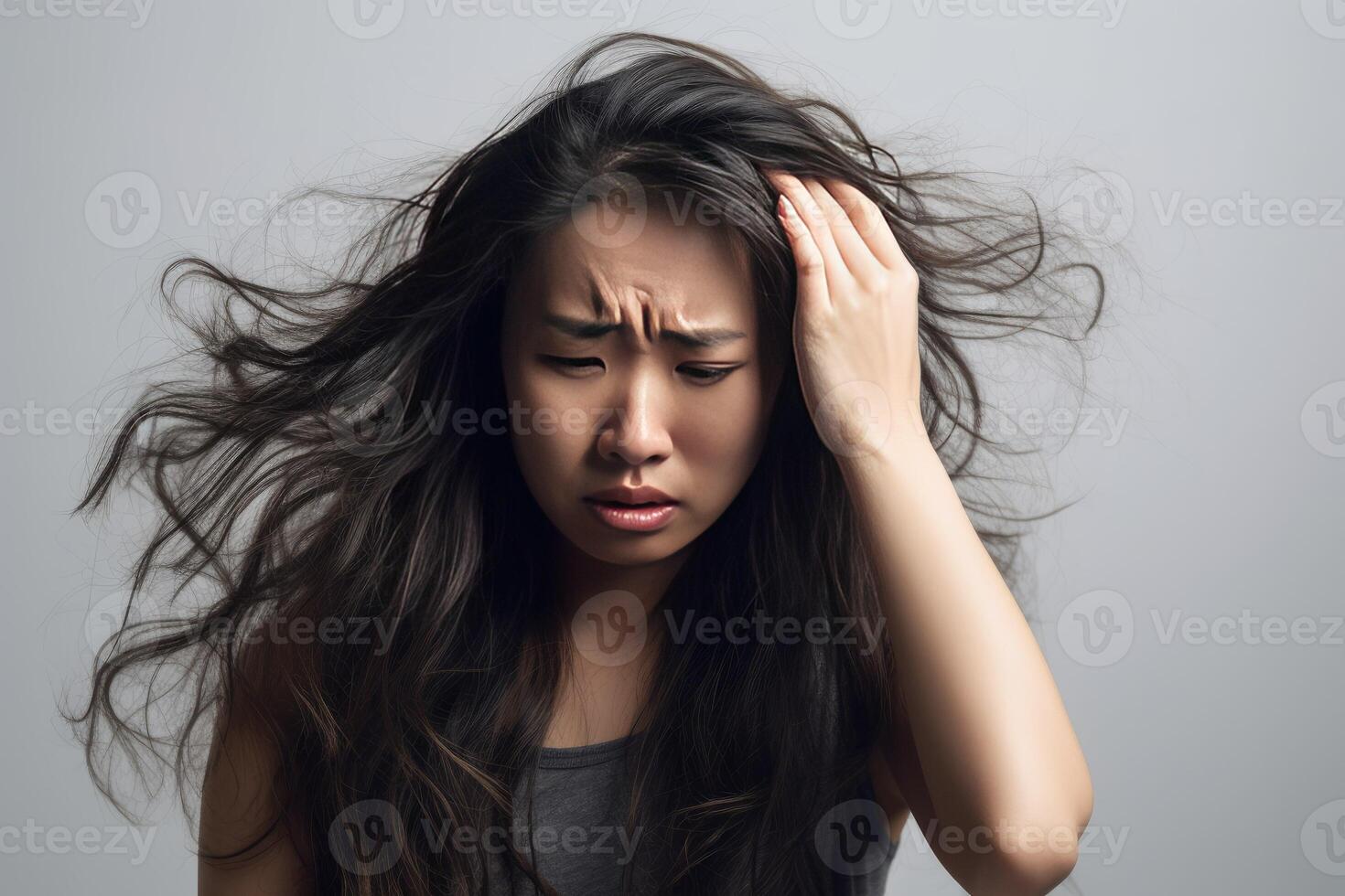 verdrietig jong vrouw met een borstel in haar rommelig haar- en haar- verlies ai generatief foto