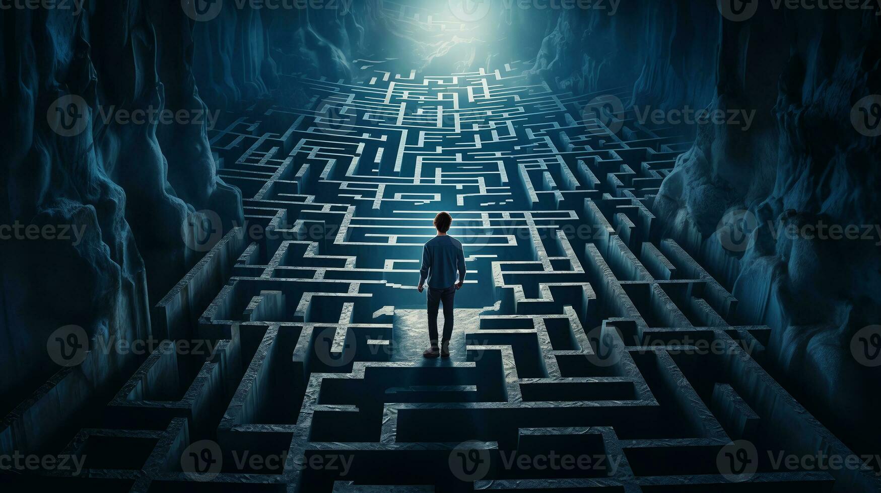 silhouet van een Mens in een labyrint of labyrint. vinden een oplossing en zelfbeoordeling. ai generatief foto