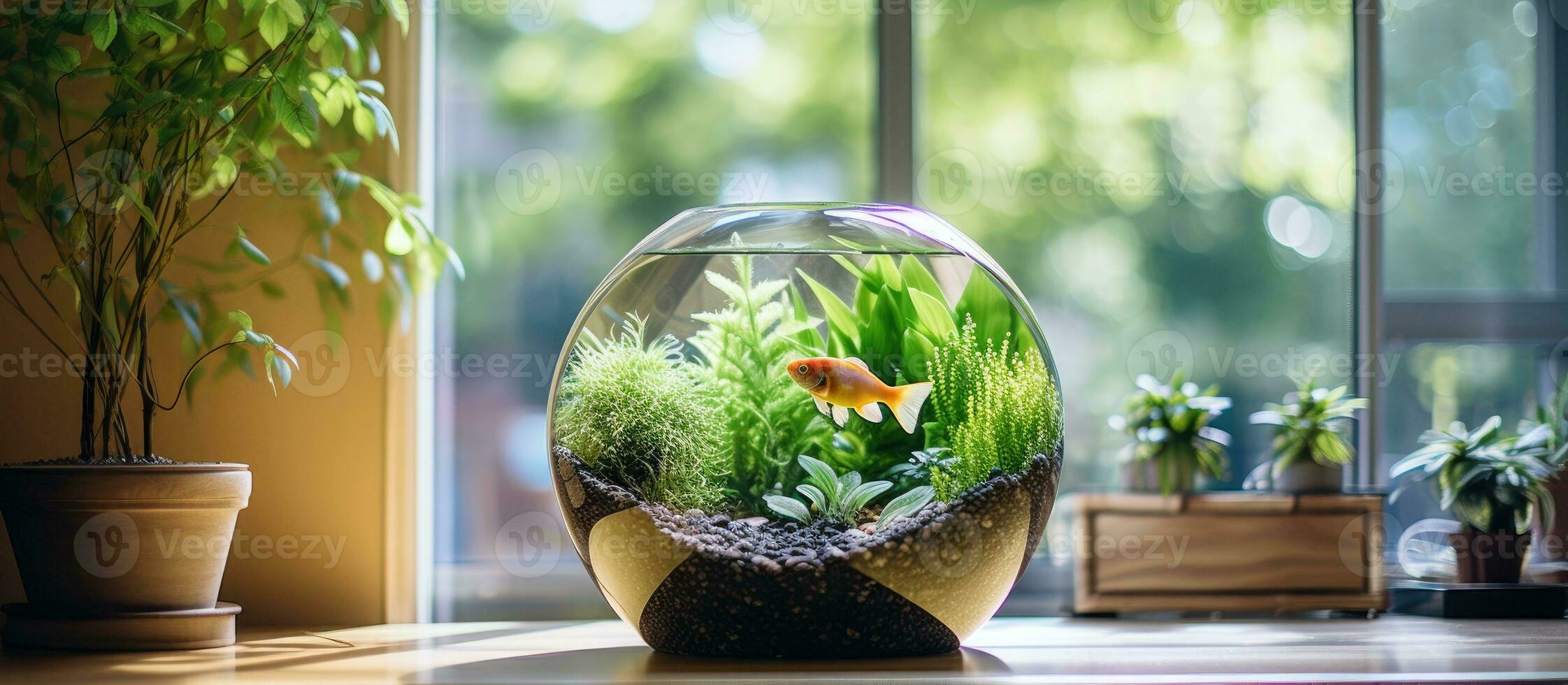 binnen- planten en ronde aquarium Aan een knus venster dorpel foto