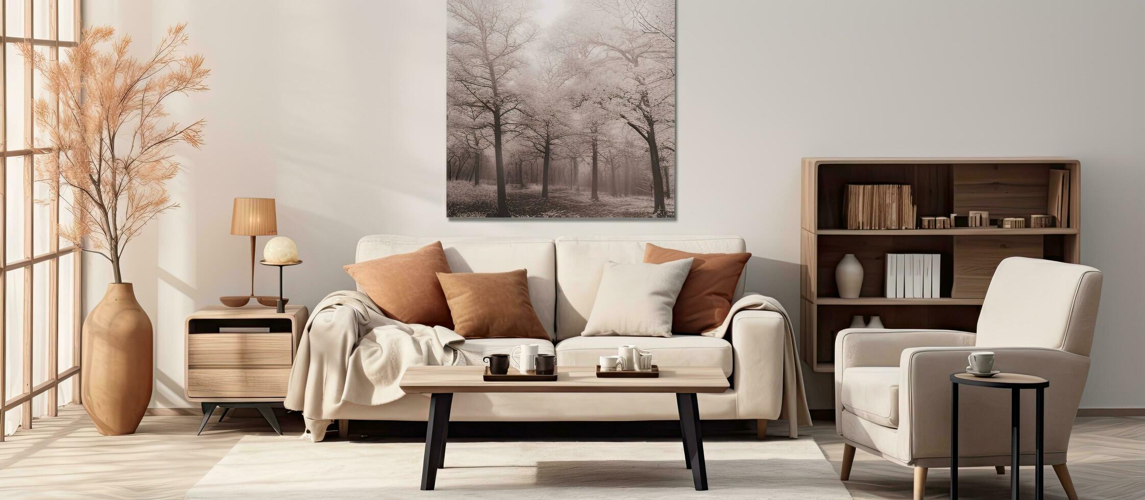 knus leven kamer met poster kader koffie tafel sofa fauteuil rek magnolia vaas plaid en persoonlijk accessoires huis decor foto