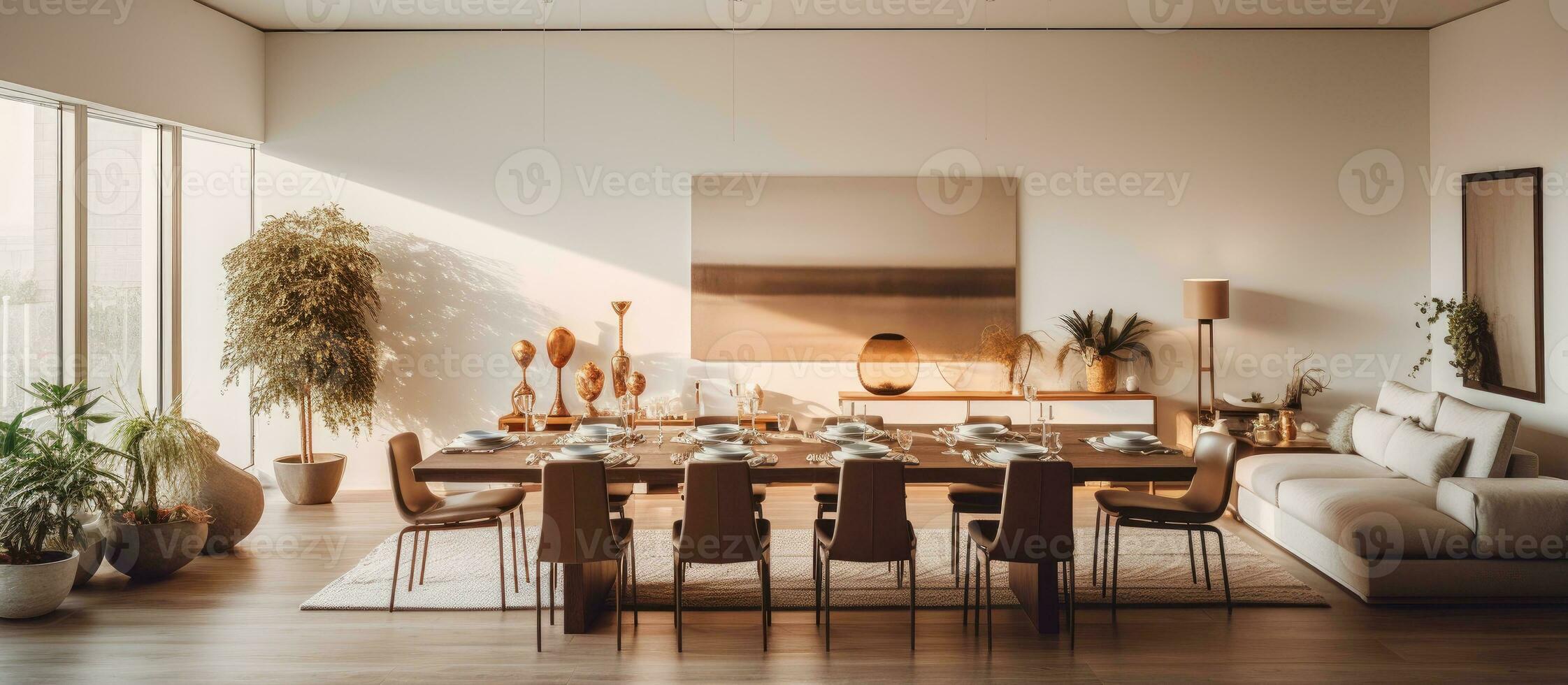 helder verlichte dining Oppervlakte en aangrenzend leven ruimte versierd met uitgebreid decoraties foto