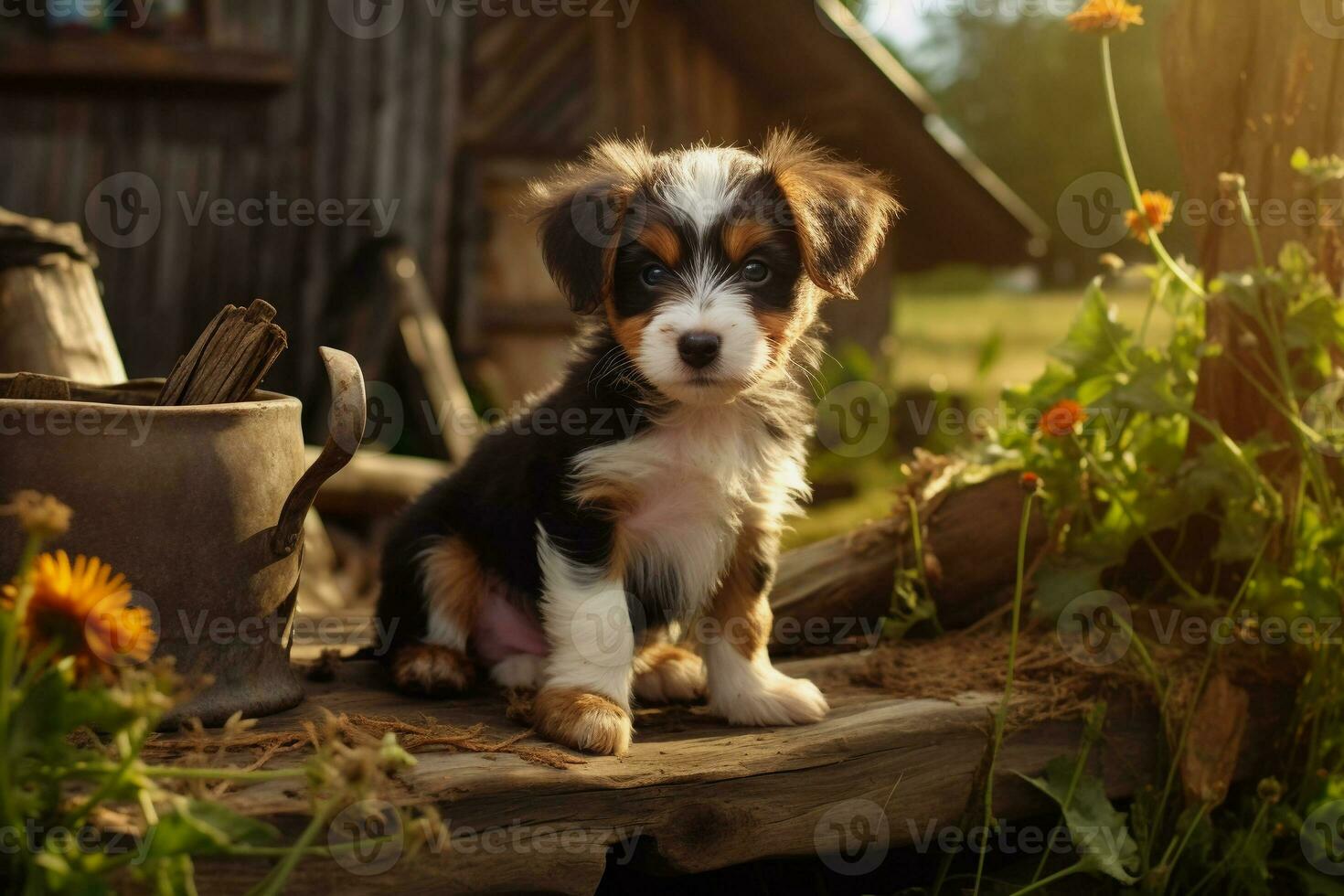 schattig puppy in weinig boerderij. puppy met grappig kijken foto