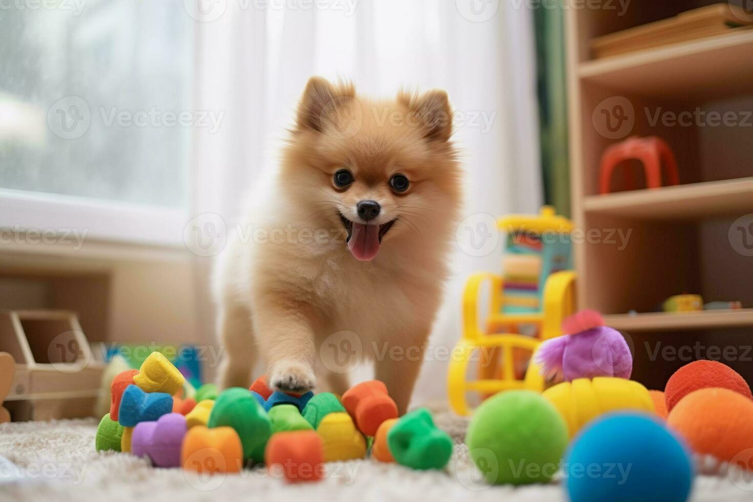 schattig puppy spelen met zijn speelgoed in leven kamer. puppy met grappig Look. foto