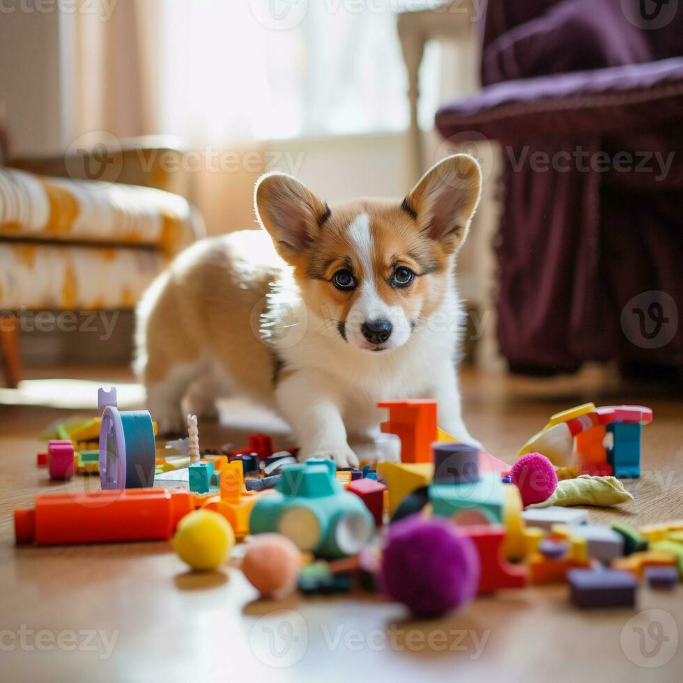 schattig puppy spelen met zijn speelgoed in leven kamer. puppy met grappig Look. foto