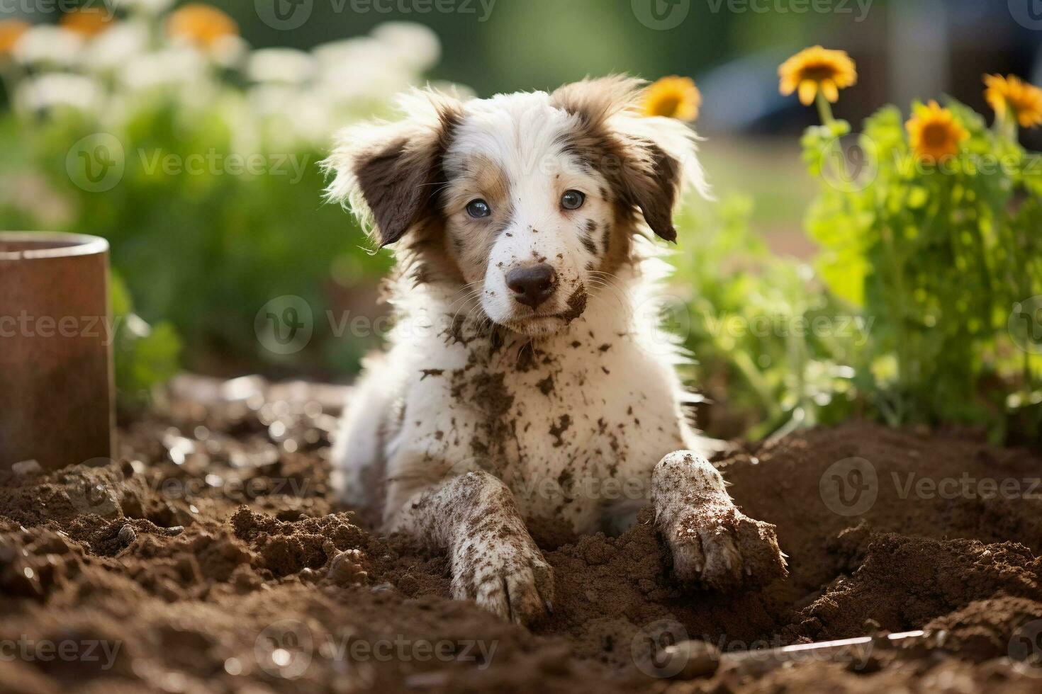 dichtbij omhoog vuil puppy spelen in de tuin. puppy met grappig Look. foto