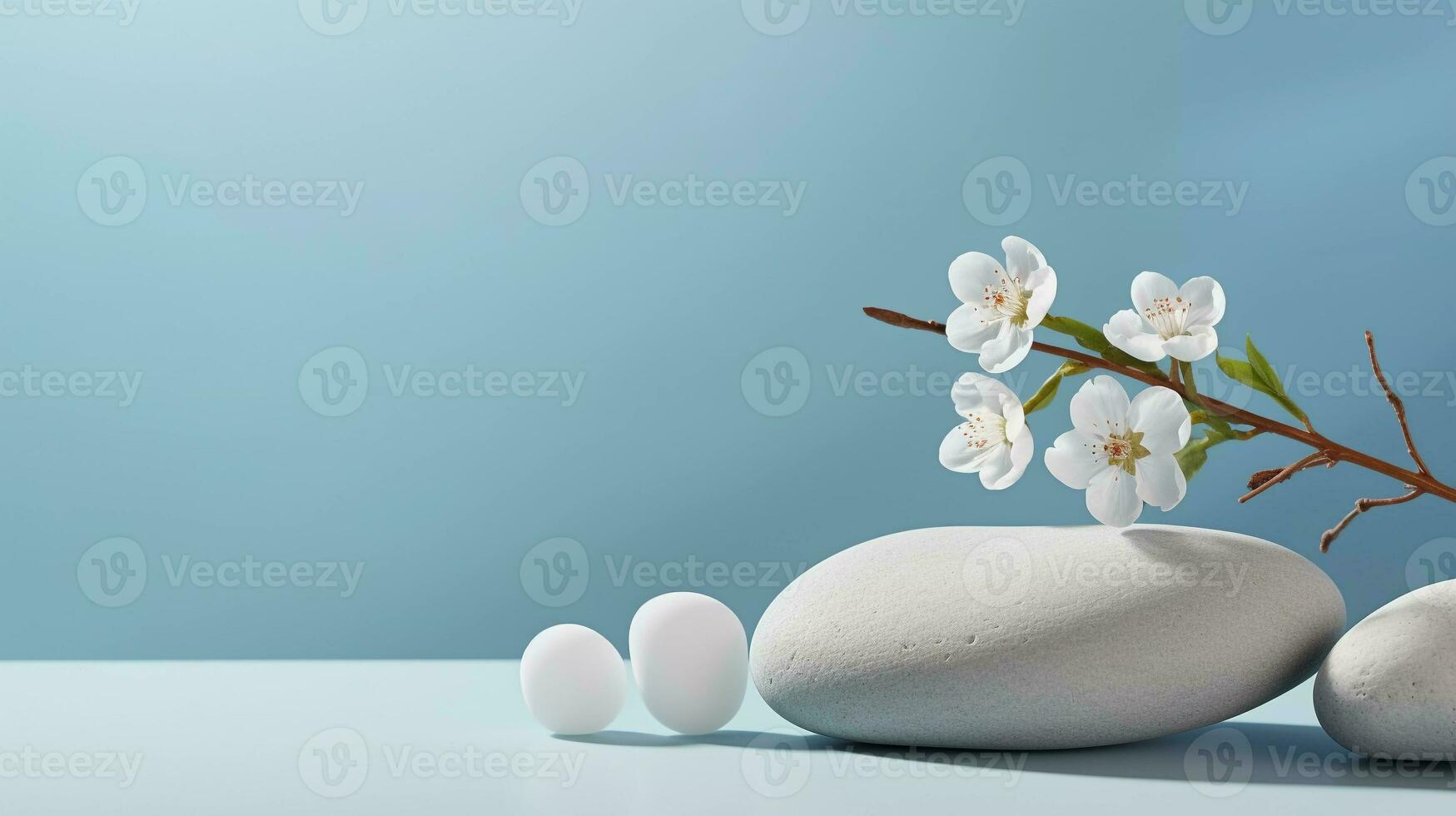 een minimalistisch tafereel van een aan het liegen steen met bloemen Aan een licht blauw achtergrond. vitrine voor de presentatie van natuurlijk producten en cosmetica. foto