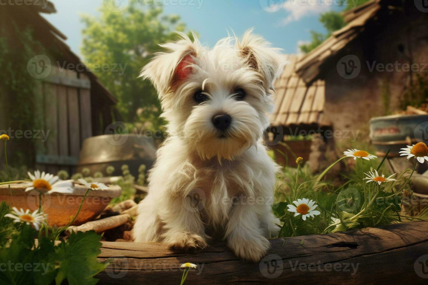 schattig puppy in weinig boerderij. puppy met grappig kijken foto