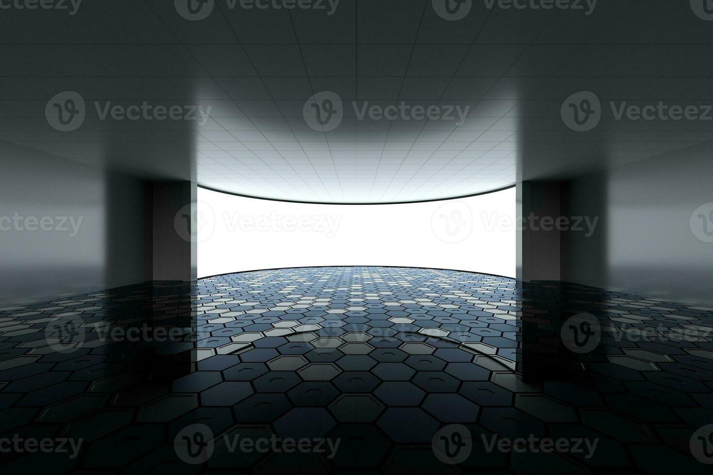 leeg ronde kamer met gloeiend wit scherm, 3d weergave. foto