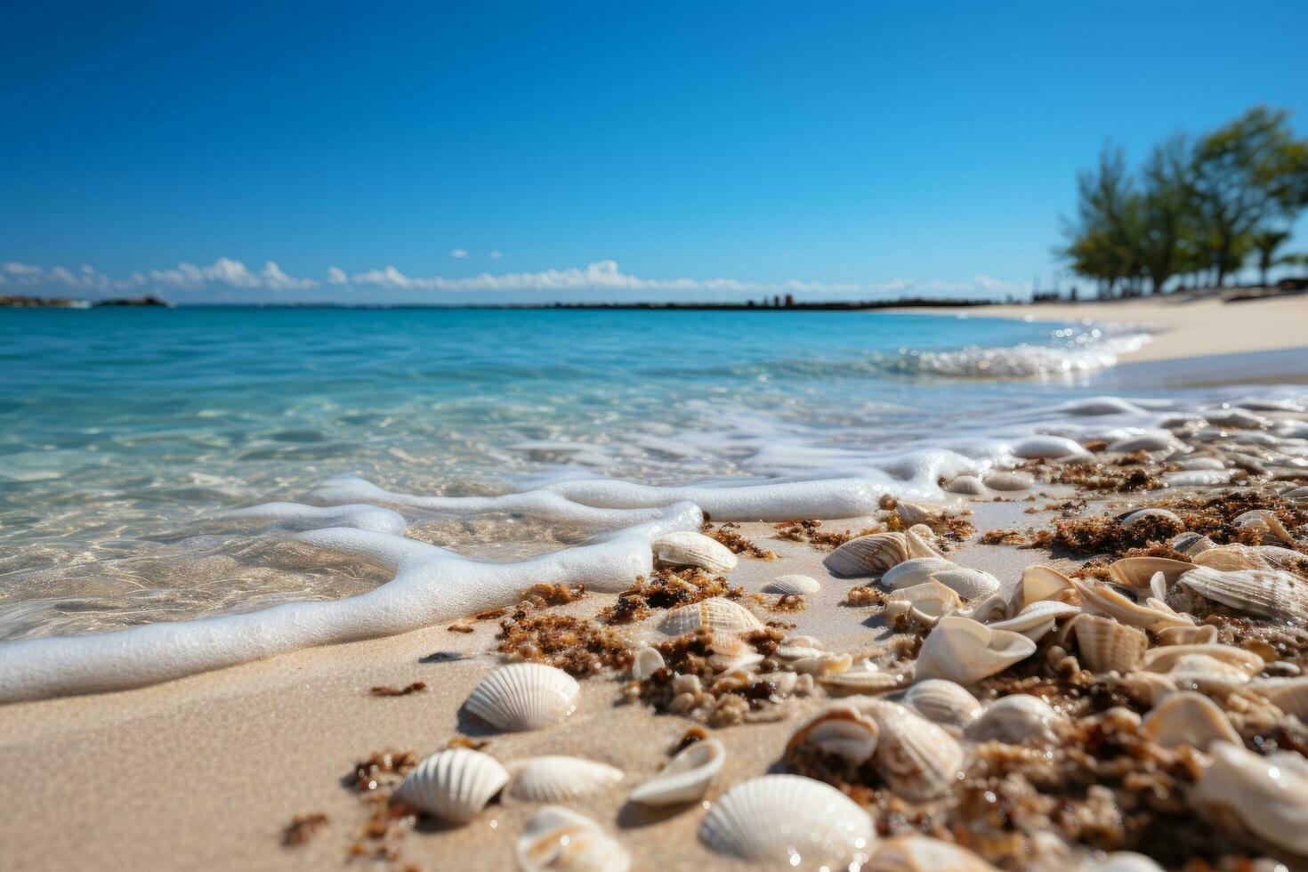 blauw zee Golf, wit schuim, gouden zand strand foto