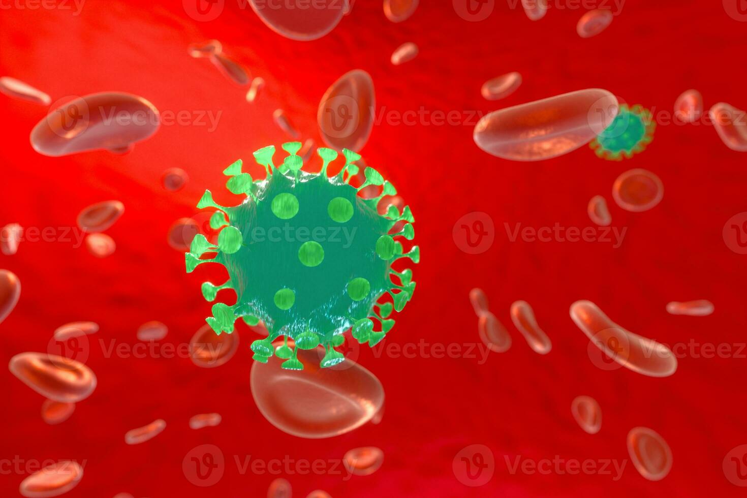 verspreid corona virussen met bloed achtergrond, 3d renderen foto