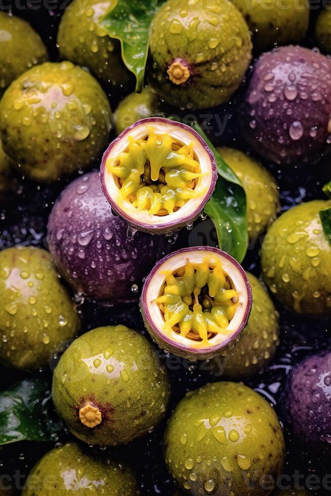 realistisch foto van een bundel van passie vruchten. top visie fruit landschap. ai gegenereerd