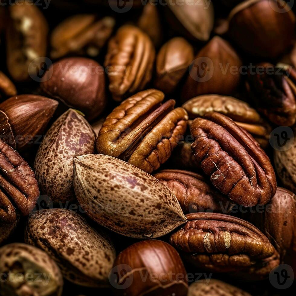 realistisch foto van een bundel van pecannoten. top visie noten landschap. ai gegenereerd