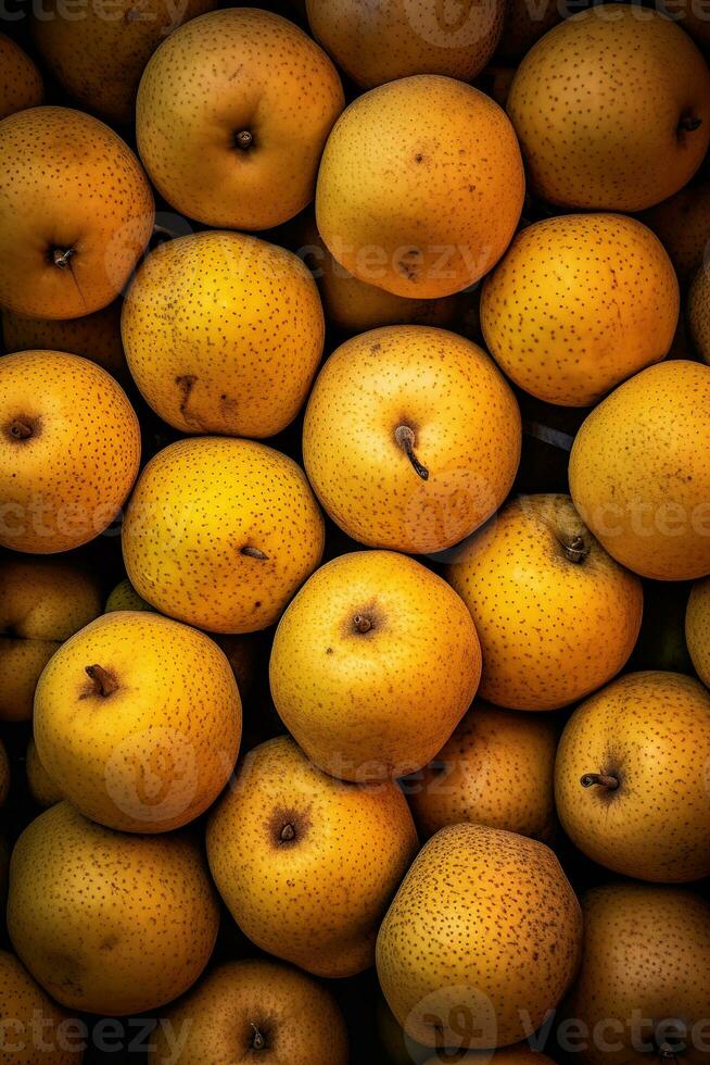 realistisch foto van een bundel van Aziatisch peren. top visie fruit landschap. ai gegenereerd