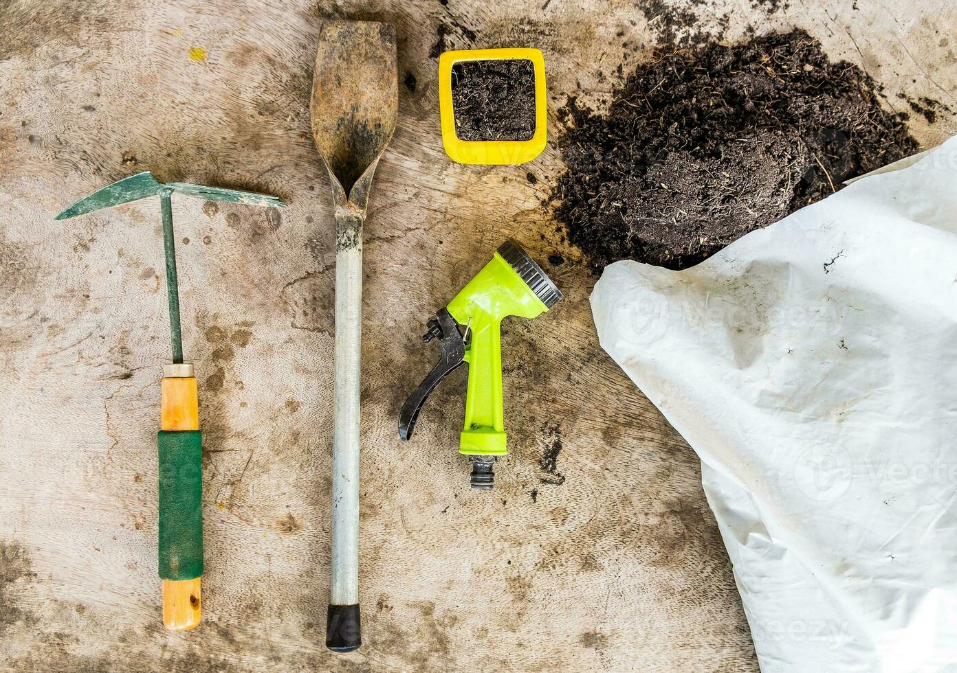 tuin gereedschap voor aanplant Aan tafel foto