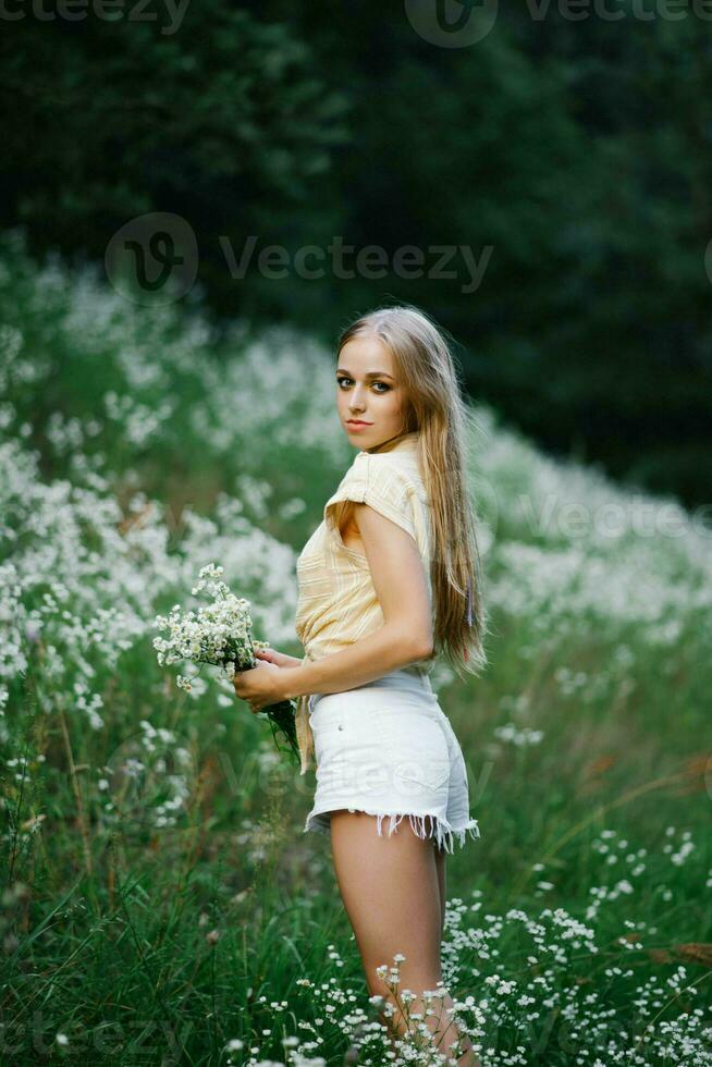 portret van een zoet teder meisje in een veld- van wit bloemen foto