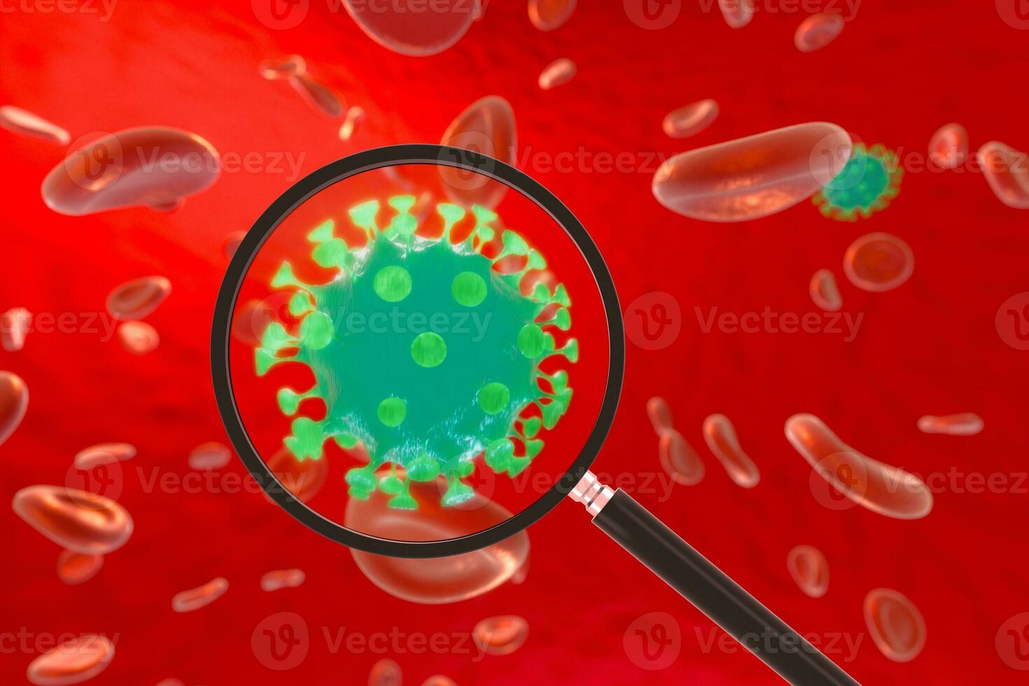 coronavirus en microscoop, geneeskunde en wetenschap, abstract conceptie, 3d weergave. foto