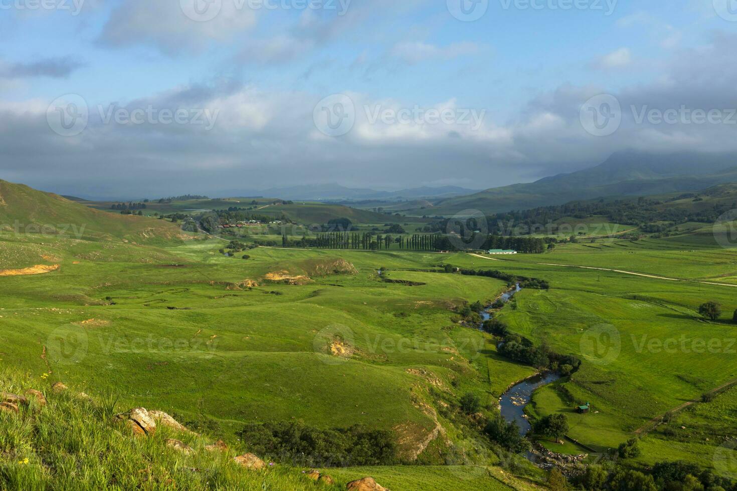 berg stroom rennen in groen vallei foto