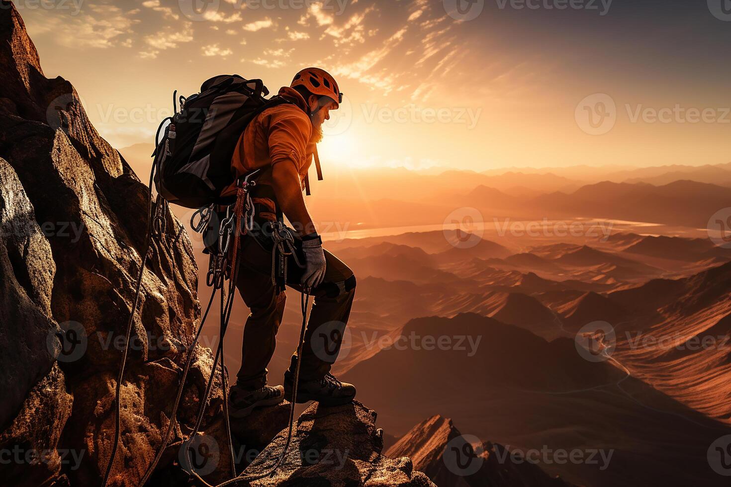 Mens beklimming Aan een rotsachtig klif met touw en veiligheid uitrusting Bij zonsopkomst ai generatief foto