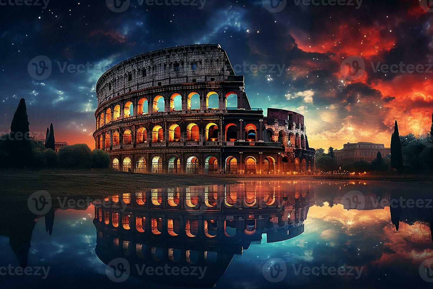 mijlpaal van de colosseum Rome in Italië Bij nacht met heelal in lucht ai generatief foto