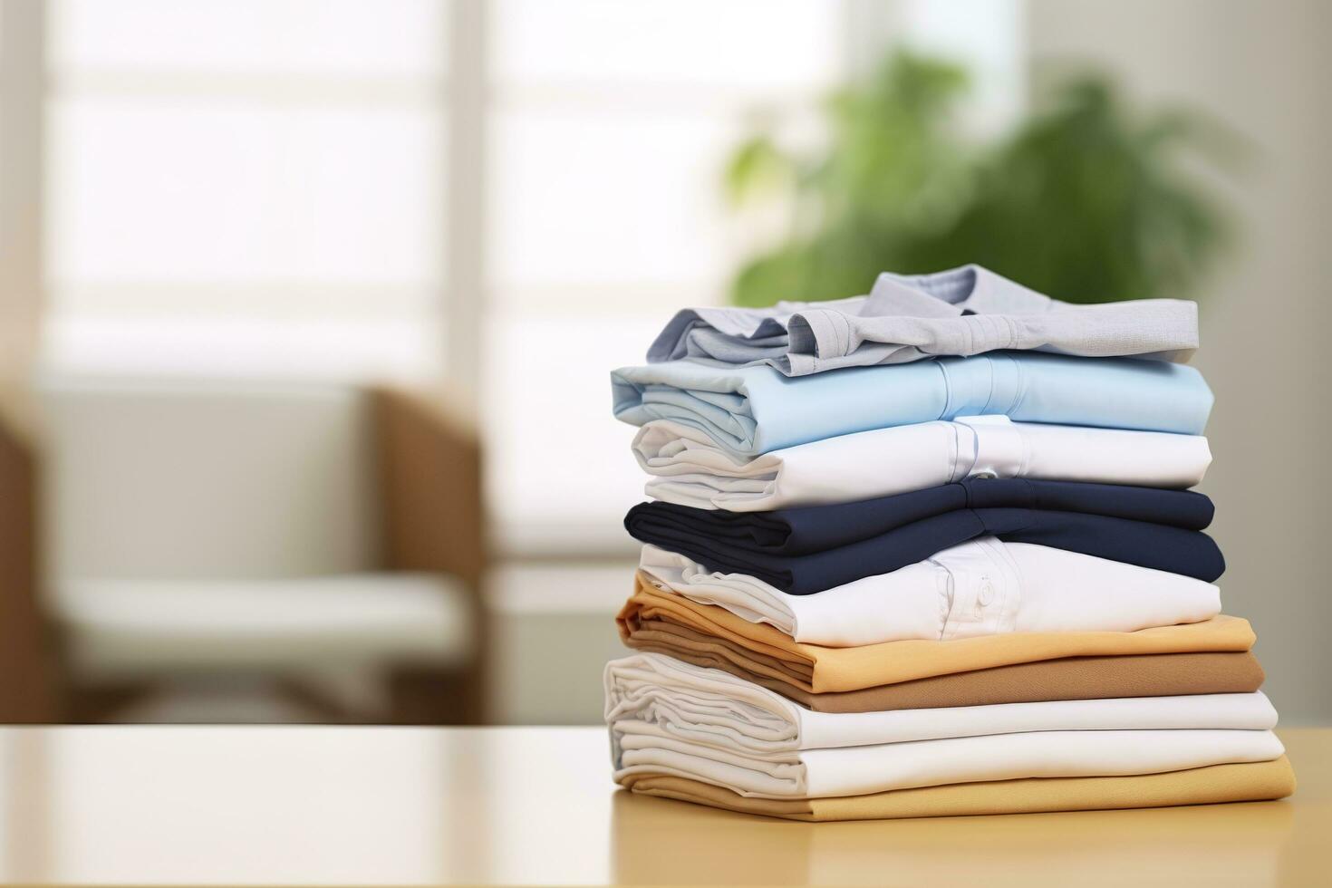 stack van schoon kleren Aan tafel in kamer. generatief ai foto