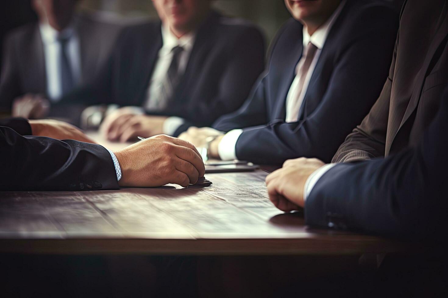 groep van bedrijf mensen zittend Bij tafel en bespreken bedrijf plan in kantoor, bedrijf vergadering detailopname Aan een tafel, top sectie bijgesneden, Nee zichtbaar gezichten, Nee hand- vervorming, ai gegenereerd foto