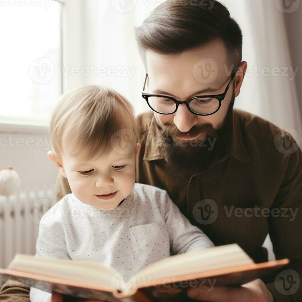 vader en zoon zijn lezing een boek en glimlachen terwijl uitgeven tijd samen Bij huis foto