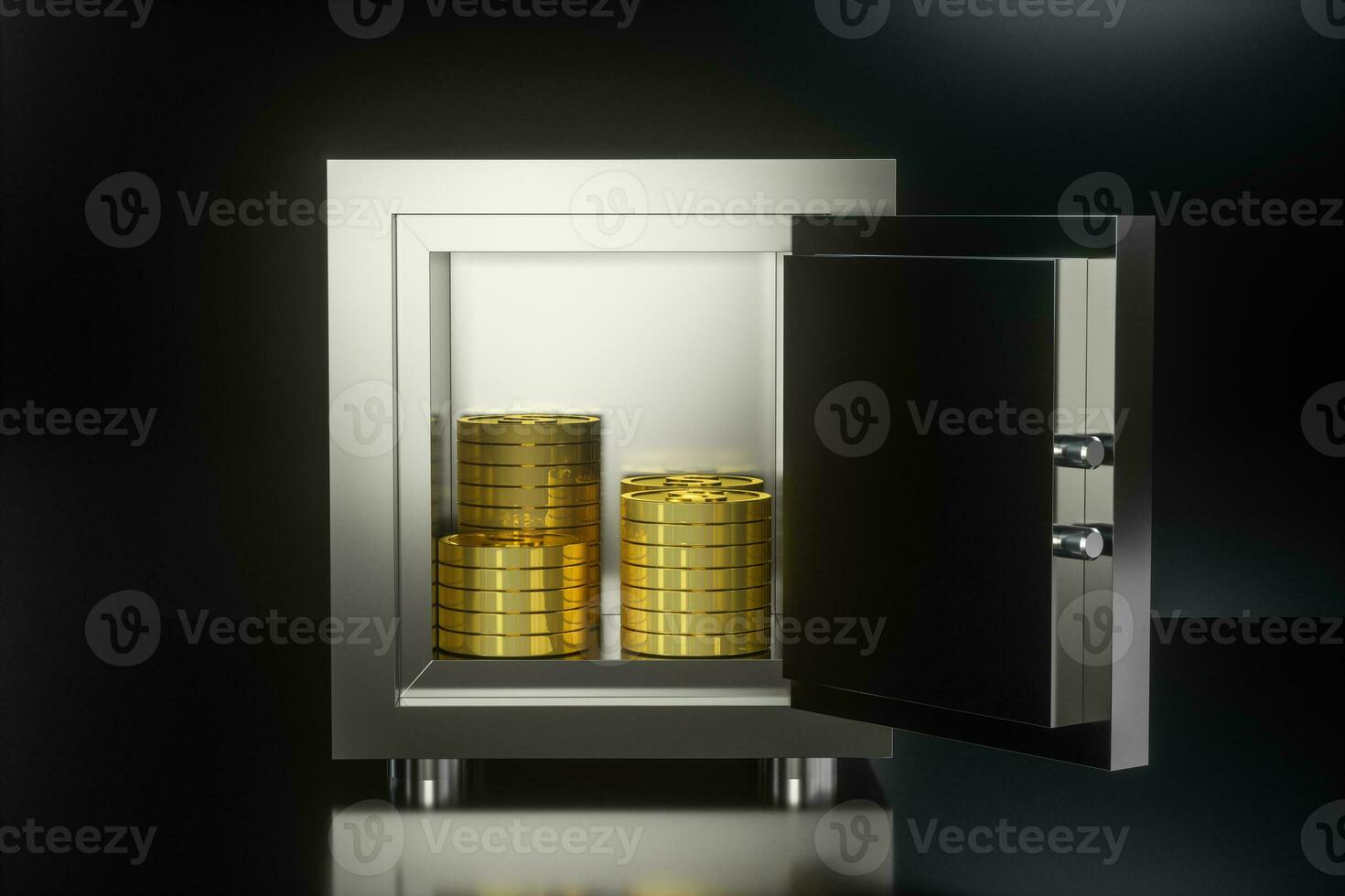 mechanisch veilig, met glimmend gouden munten binnen, 3d weergave. foto