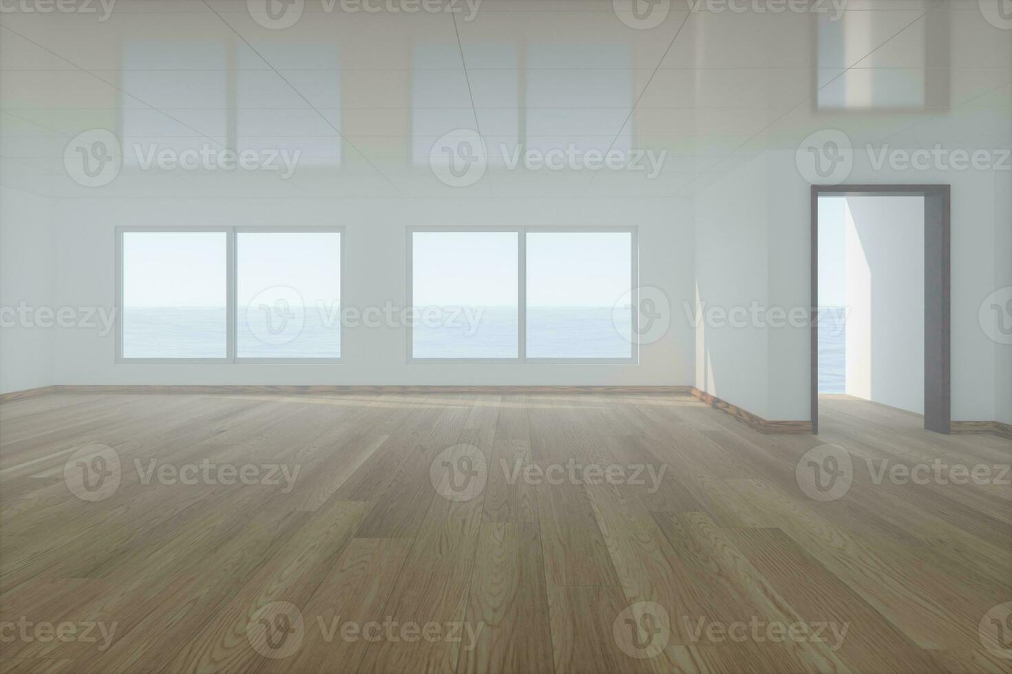 de leeg kamer met houten vloer. uit van de venster is de zee. 3d weergave. foto