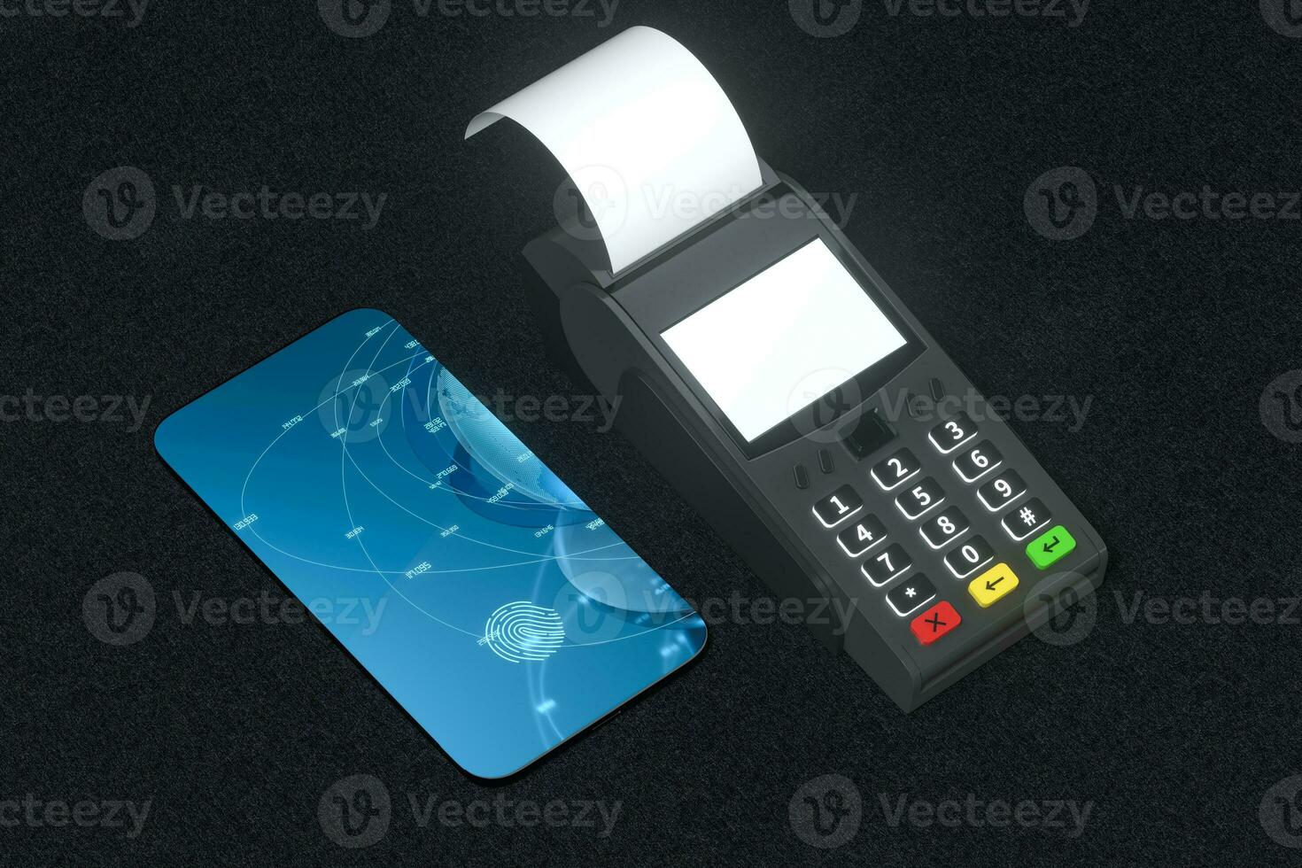 pos machine en mobiel telefoon met vingerafdruk identificatie, 3d weergave. foto