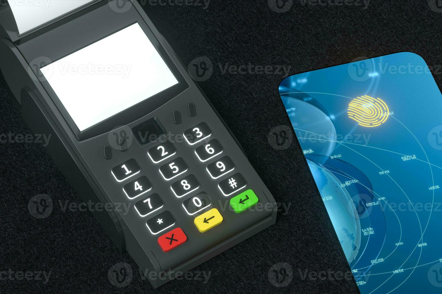 pos machine en mobiel telefoon met vingerafdruk identificatie, 3d weergave. foto