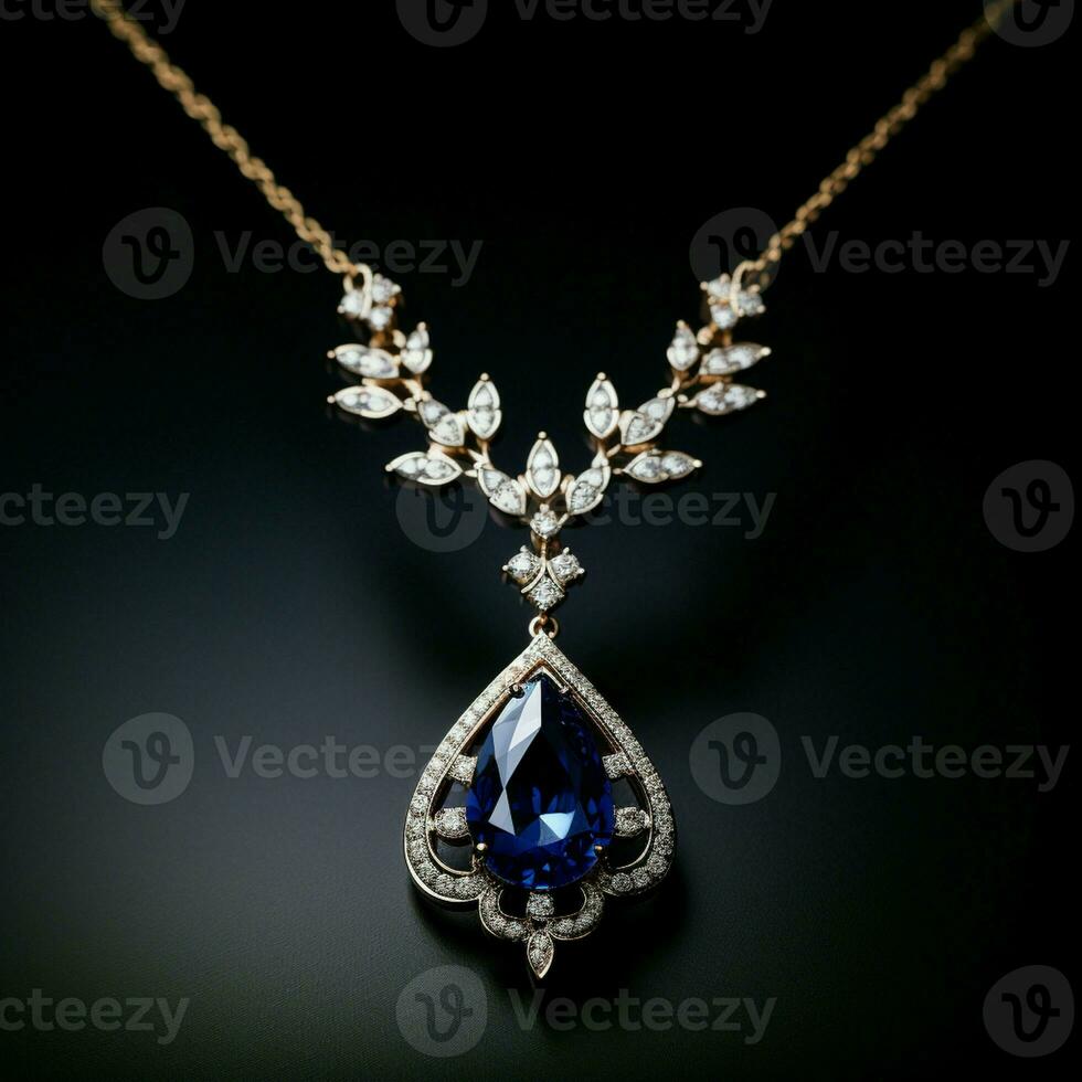 diamanten met de donker blauw saffier ketting Aan een zwart achtergrond. foto