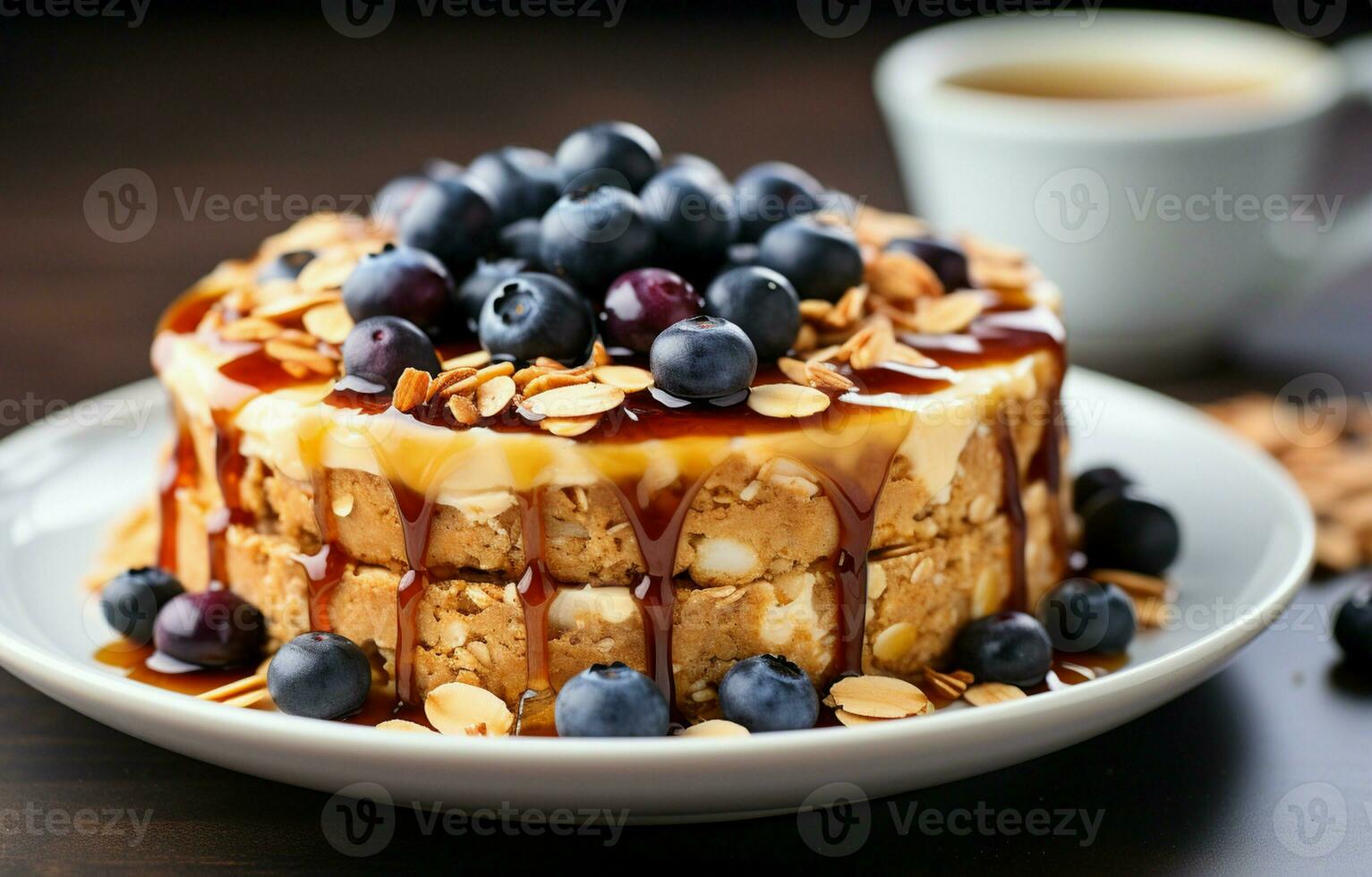 gebakken havermout taart met bosbessen, pinda boter, en rauw honing geserveerd Aan een wit bord. deze eigengemaakt, gezond, vegetarisch toetje is perfect voor die aan het kijken hun eetpatroon. foto